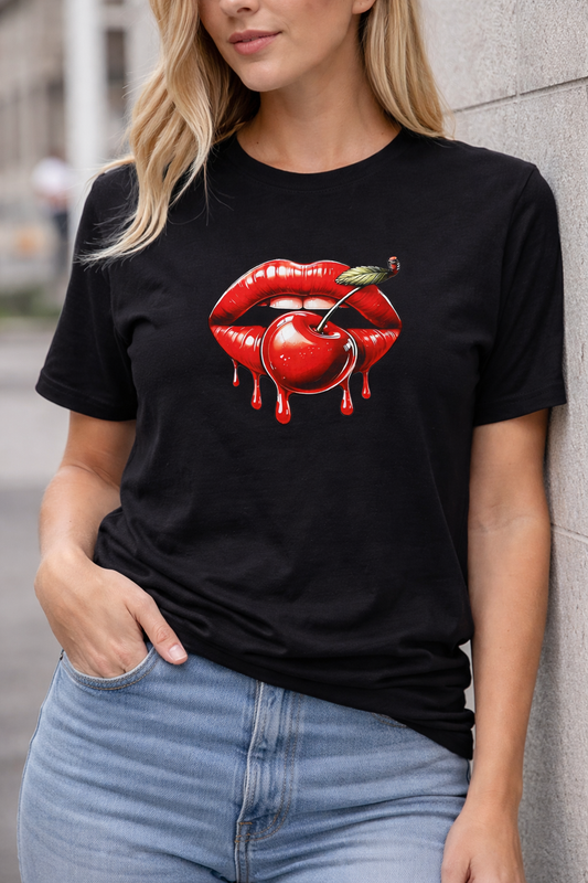 Cherry Lips T-Shirt Damen – Schwarzes Streetwear Shirt