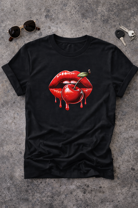 Cherry Lips T-Shirt Damen – Schwarzes Streetwear Shirt